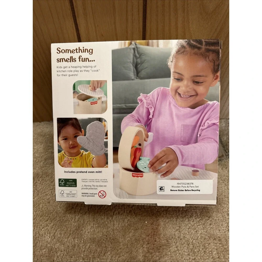 Fisher-Price Wooden Kitchen Pots & Pans Set 19 Wood Pieces for Preschool NEW